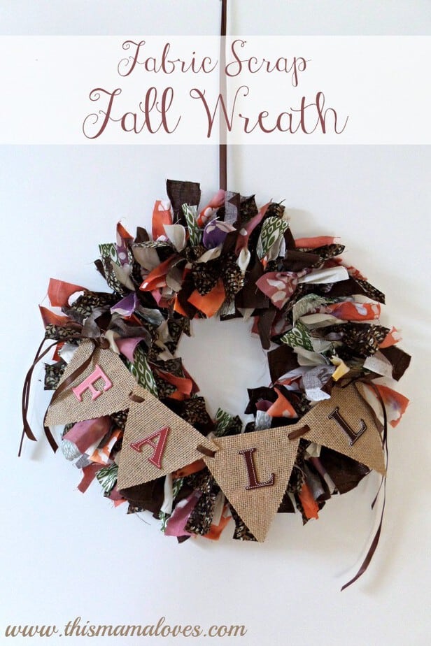 Fabric Scrap Fall Wreath with burlap banner