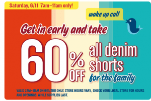 All denim shorts 60% off 6/11 at Old Navy 7-11am only!!