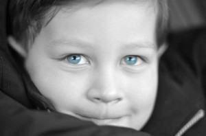 black and white photo with blue eyes