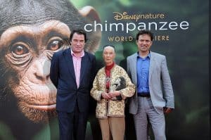 Jane Goodall with Alastair Fothergill and Mark Linfield at Chimpanzee