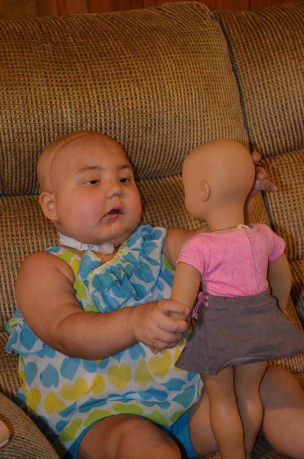 Abby meets her Just Like Me (wigless) American Girl Doll