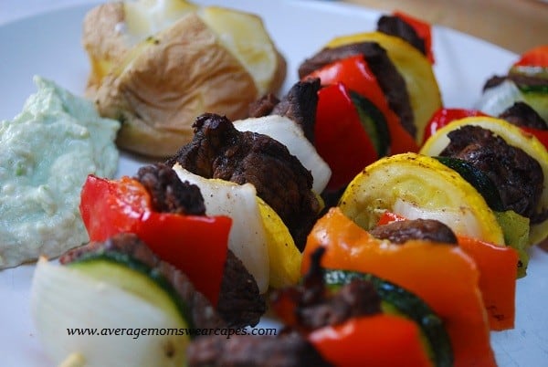 steak and veggie kebabs with avocado dip