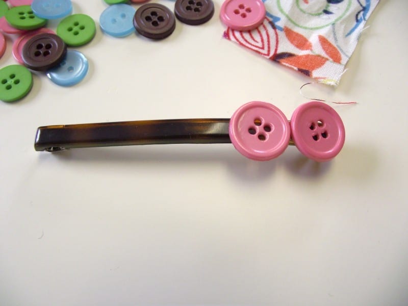 pink button and fabric flower hair clip buttons in process 2