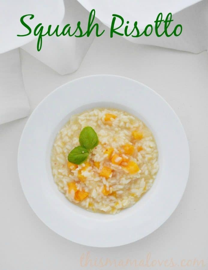 squash risotto recipe in bowl label