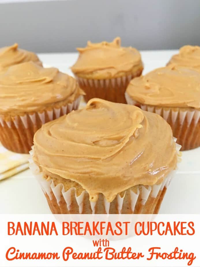 banana breakfast cupcakes with cinnamon peanut butter frosting close