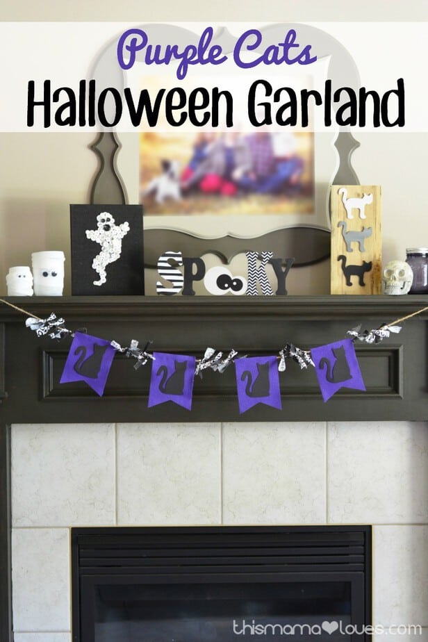 This Halloween garland is a great way to spruce up your home for a Halloween party or just because. The decor features black cats and a funky purple to liven up the room.