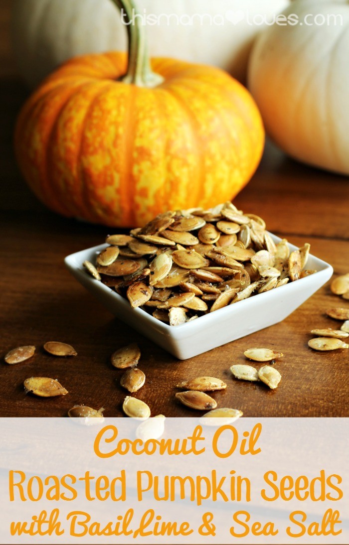 Coconut Oil Roasted Pumpkin Seeds with Basil, Lime, and Sea Salt