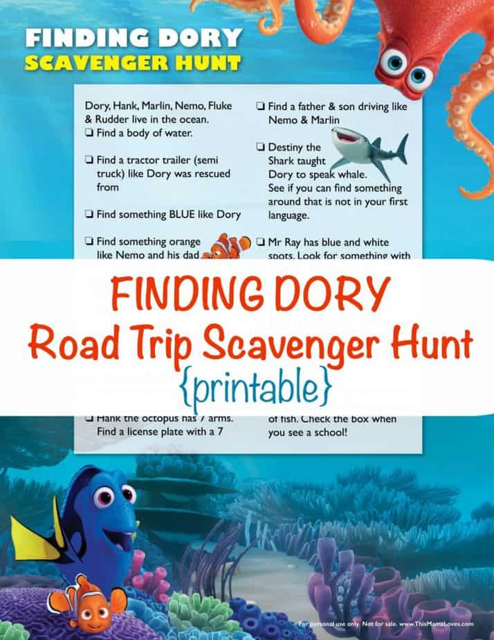 Finding Dory Scavenger Hunt printable from This Mama Loves