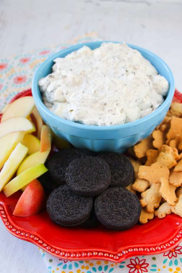 oreo fluff dip with oreos apples and graham crackers