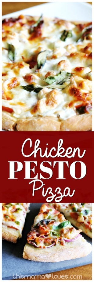 You're going to LOVE this quick and easy Chicken Pesto Pizza Recipe from This Mama Loves- Easy semi-homemade chicken pesto pizza- pesto pizza recipe- chicken pizza