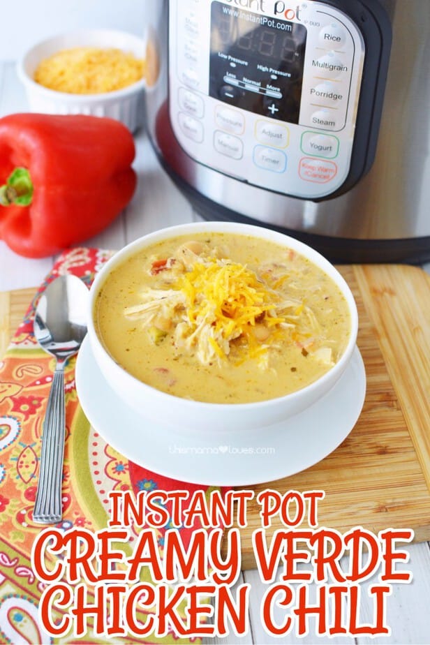 Instant Pot Creamy Verde Chicken Chili Recipe from Trim Healthy Mama- instant pot chili recipe- trim healthy mama- trim healthy table- instant pot chicken recipe-#TrimHealthyTable