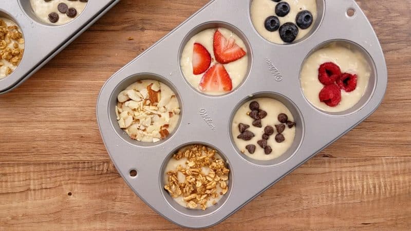 Pancake Bites tin- making pancake muffins with toppings ready to be baked 