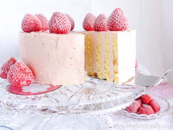 Vertical Stripe Cake with Strawberry Meringue Buttercream from Sew Historically