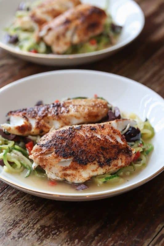 Black Sea Bass with Zucchini Noodles from This Gal Cooks