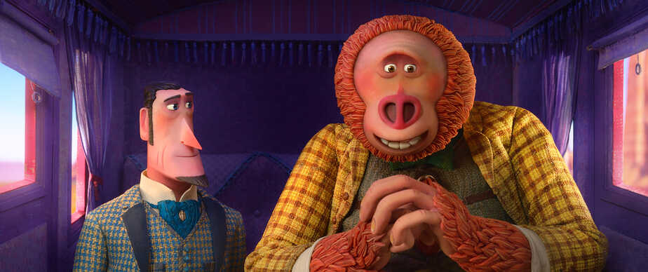 Sir Lionel Frost (left) voiced by Hugh Jackman and Mr. Link (right) voiced by Zach Galifianakis in director Chris Butlerâ€™s MISSING LINK, a Laika Studios Production and Annapurna Pictures release.