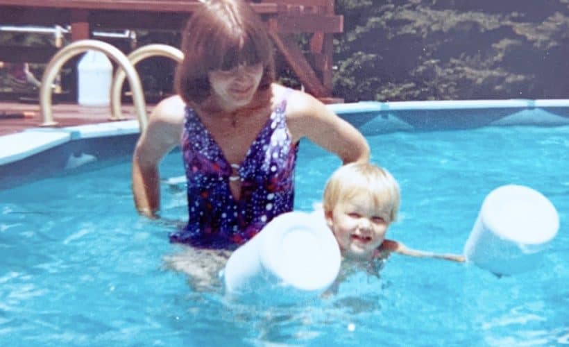 70s mom and toddler in pool moms get in the picture