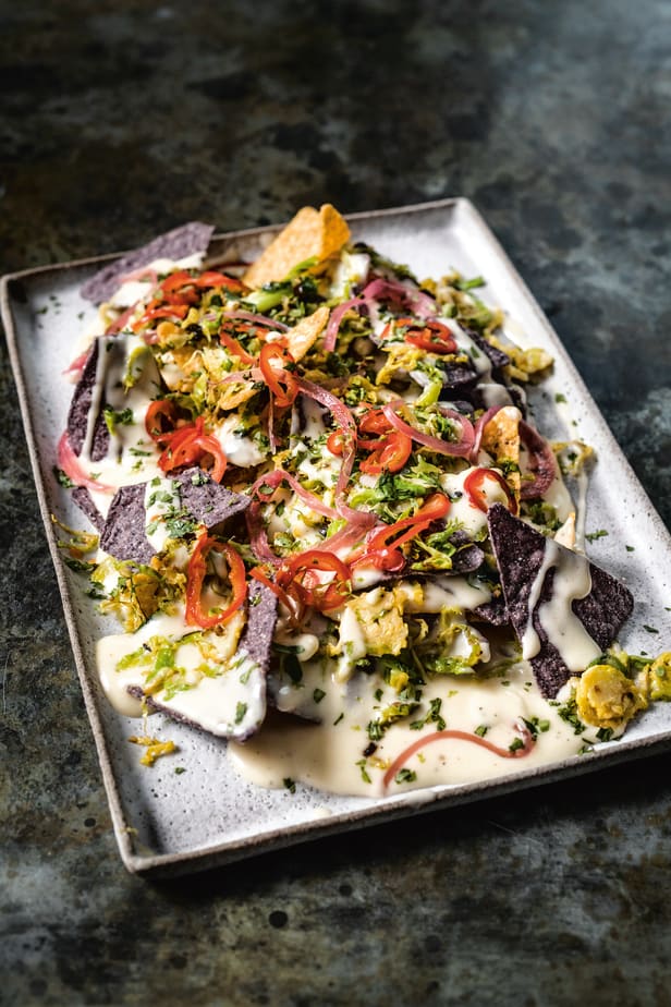 Brussels Sprout Nachos with Pickled Chiles