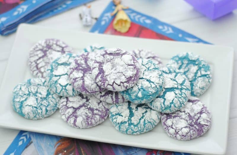 frozen crinkle cookies frozen inspired recipe blue and purple crinkles on a plate