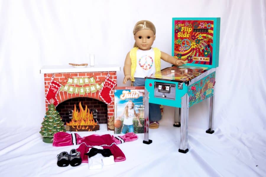 julie albright american girll doll with doll sized pinball machine and christmas tree set