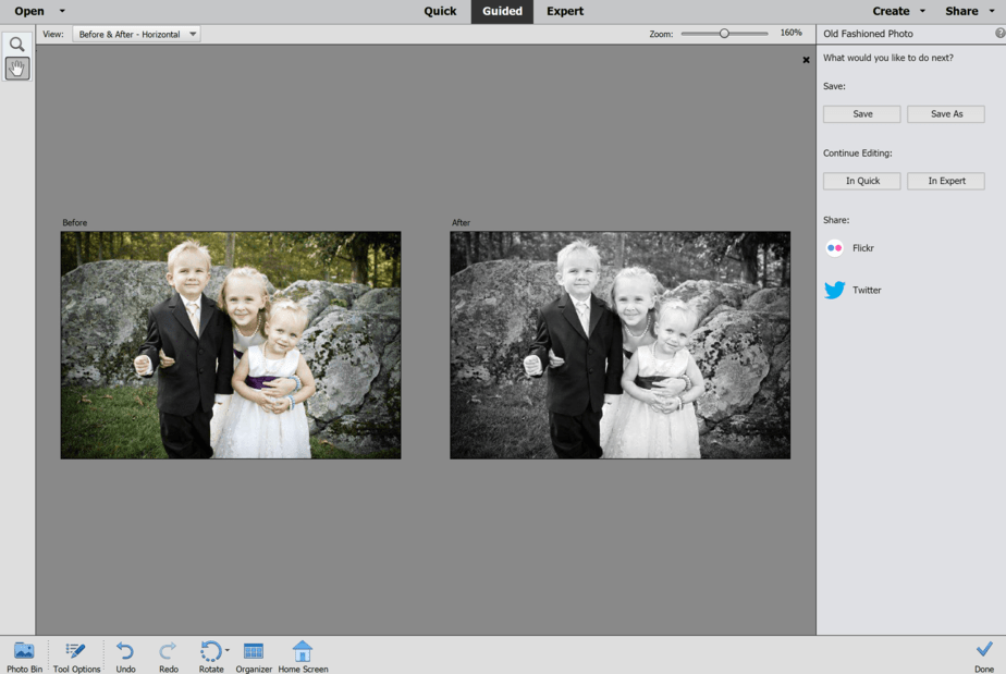 before and after color photo to black and white photoshop elements