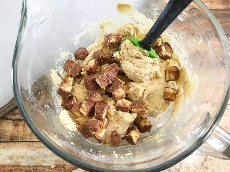 Snickers Cookie dough in glass bowl 