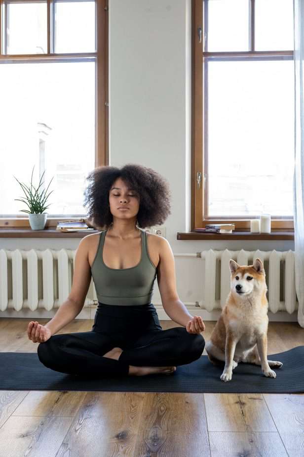 woman in tank top and leggings meditating with dog on yoga mat 