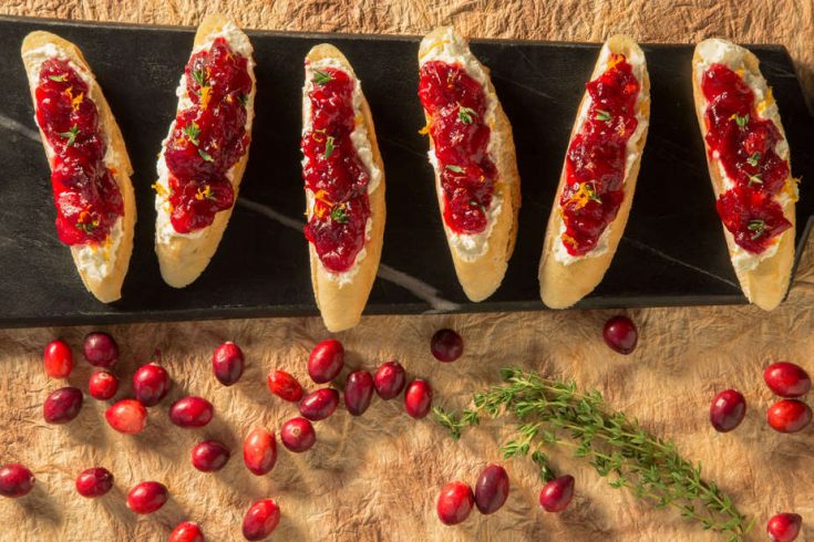 cranberry crostini on black slate with cranberries strewn around