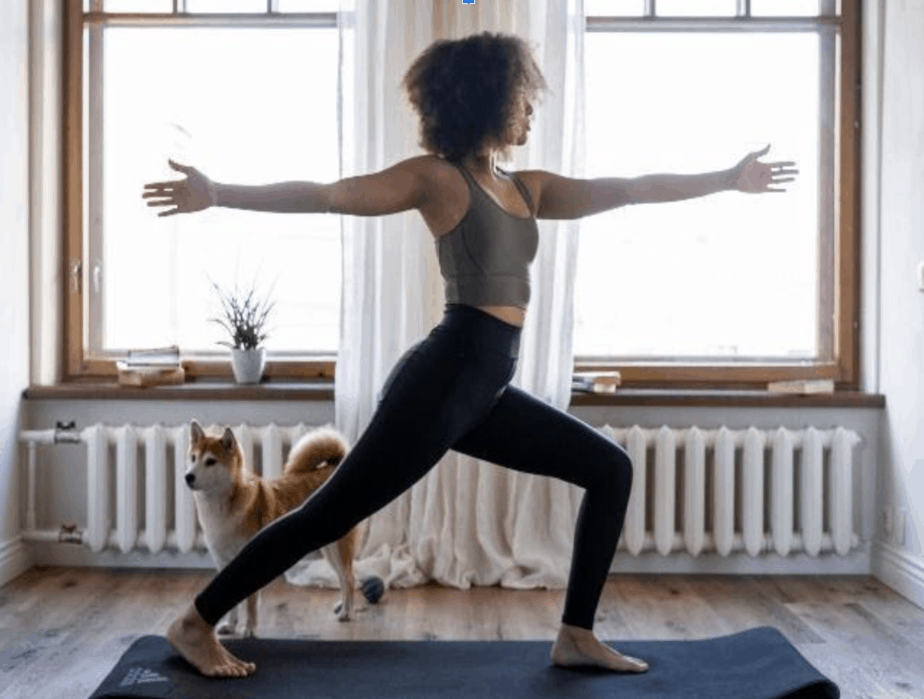 woman doing yoga by window on exercise mat with dog