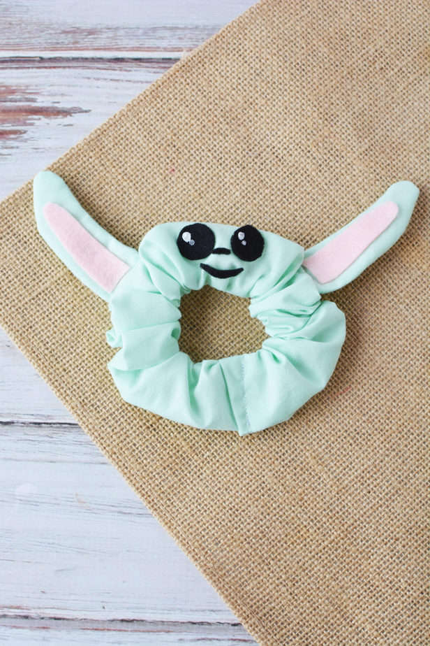 overhead view of diy baby yoda scrunchie