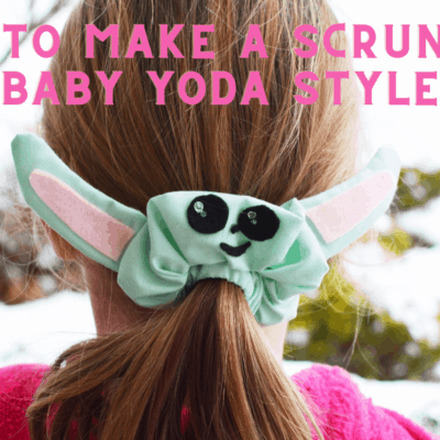 back of girl's head with hair in ponytail wrapped in homemade baby yoda scrunchie