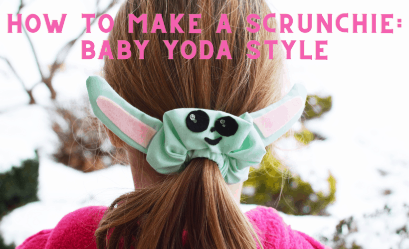 back of girl's head with hair in ponytail wrapped in homemade baby yoda scrunchie