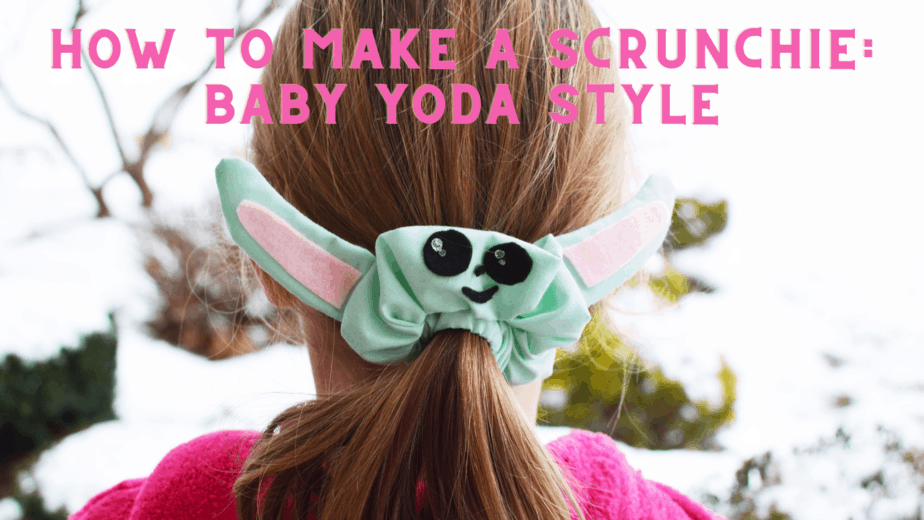 back of girl's head with hair in ponytail wrapped in homemade baby yoda scrunchie 