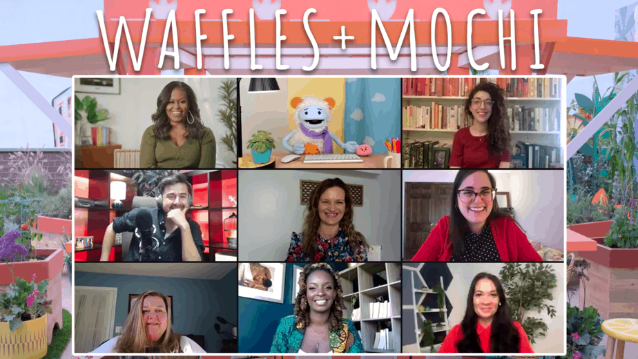 Waffles + Mochi collage from zoom interviews with Michelle Obama