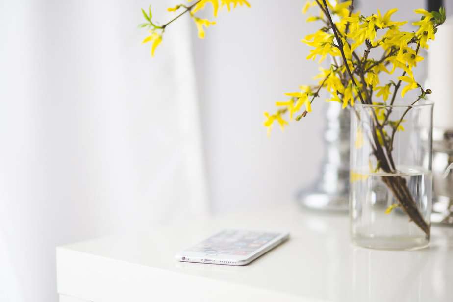 iphone on white table with vase of forsythia in background