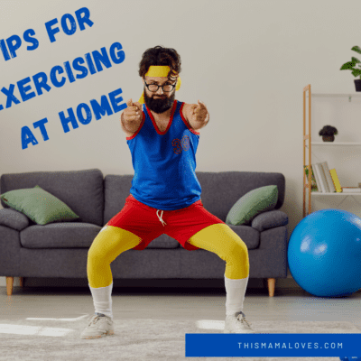 man in beard exercising at home wearing bright colors