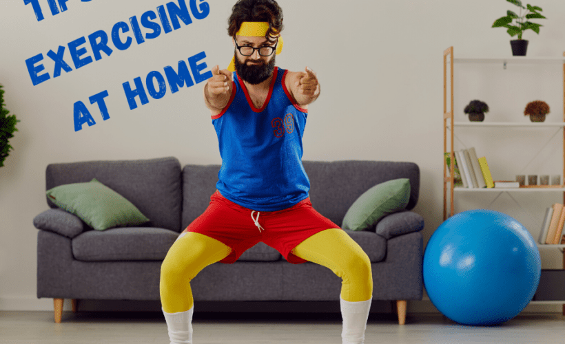man in beard exercising at home wearing bright colors
