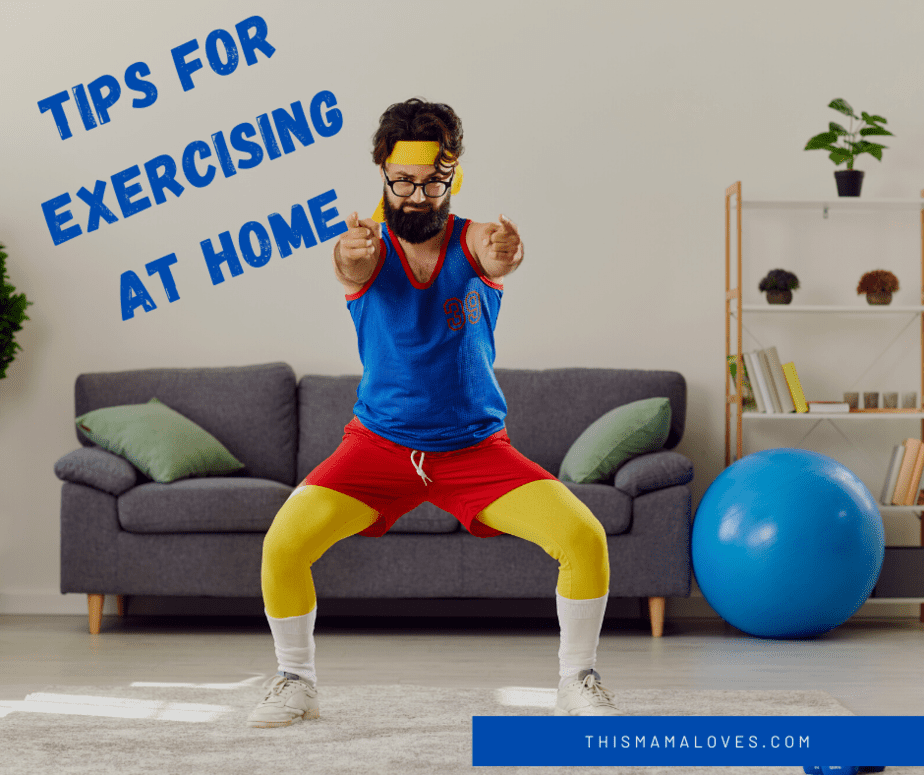 man in beard exercising at home wearing bright colors 