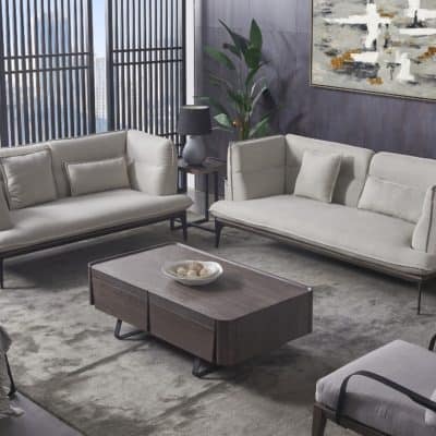 sleek living room with greys and beiges in carpet and couches