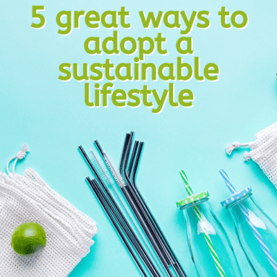 cloth bags, metal straws, glass bottles on solid blue backdrop