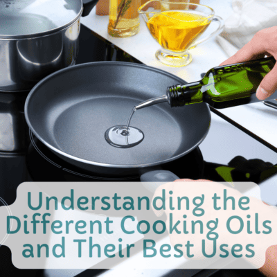 close up view of a person's hand pouring cooking oil into a non stick pan